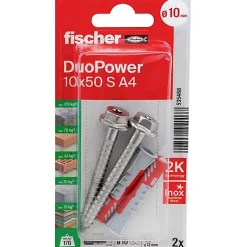 Fischer DuoPower 10 x 50 A4 Set de chevilles nylon 10 pièces, vis 7 x 69 A4 incluses-O91 Sale