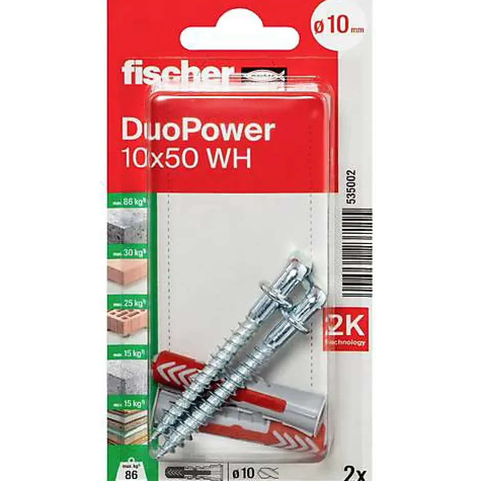 Fischer DuoPower 10 x 50 WH - Set chevilles nylon 10 mm avec 2 crochets coudés, pack 2-O91 Best