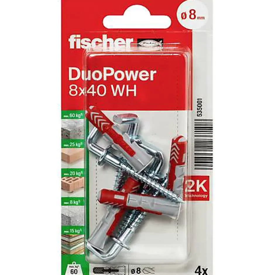 Fischer DuoPower 8 x 40 WH Set de 4 chevilles nylon avec crochets coudés - montage universel^O91