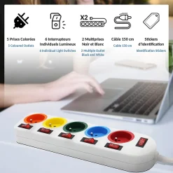 - Lot de 2 blocs multiprises colorées - Interrupteurs individuels - Câble 1,5 m - 16A - ABS robuste - NF^Fishtec Online
