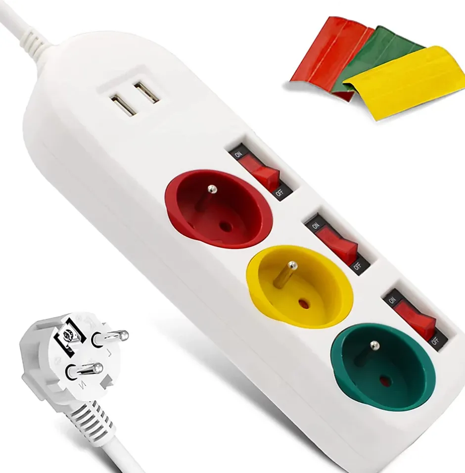 - Multiprise Trio Color - 3 prises avec interrupteurs + 2 ports USB - Câble 1,8 m - 3680W - ABS robuste^Fishtec Discount
