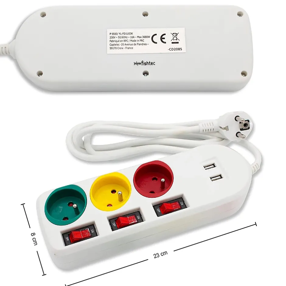 - Multiprise Trio Color - 3 prises avec interrupteurs + 2 ports USB - Câble 1,8 m - 3680W - ABS robuste^Fishtec Discount