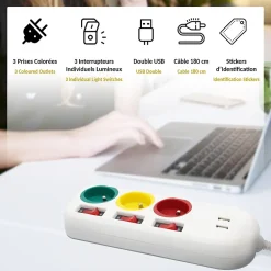 - Multiprise Trio Color - 3 prises avec interrupteurs + 2 ports USB - Câble 1,8 m - 3680W - ABS robuste^Fishtec Discount
