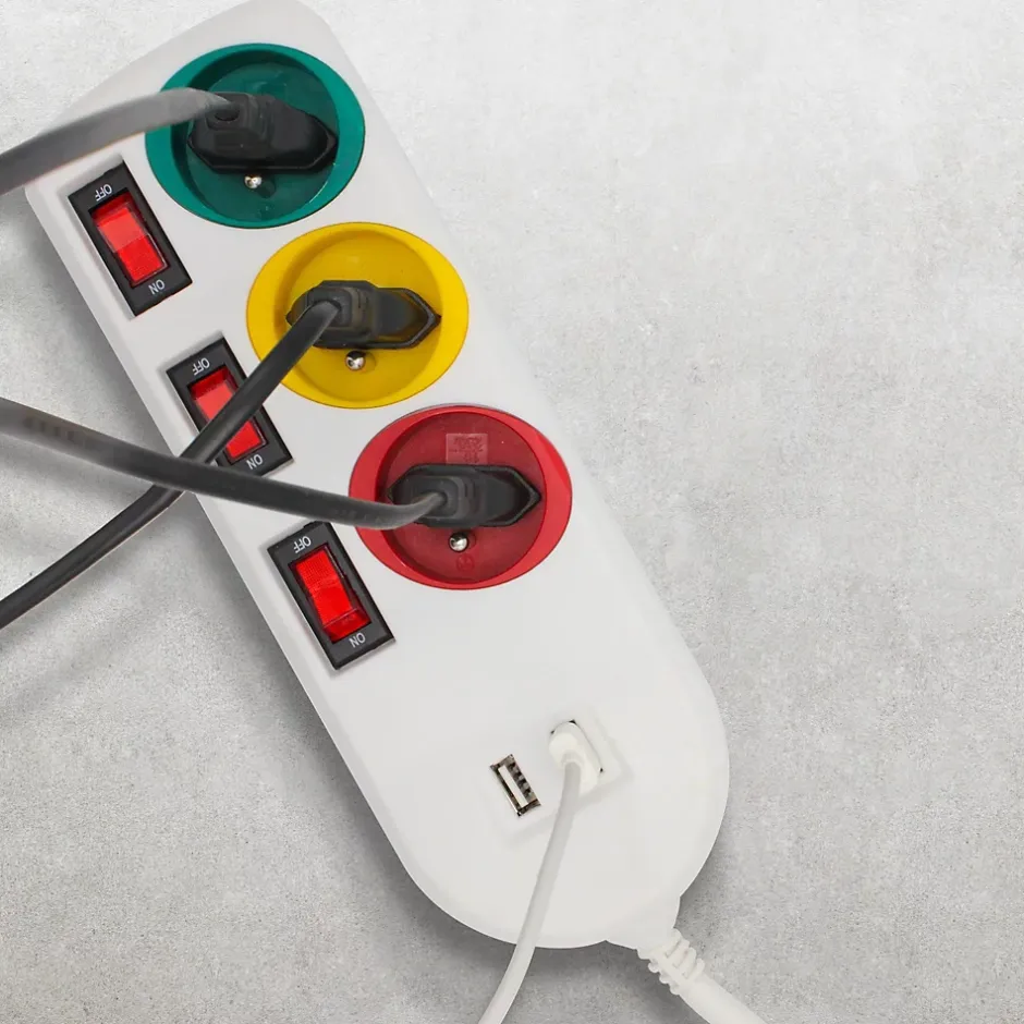 - Multiprise Trio Color - 3 prises avec interrupteurs + 2 ports USB - Câble 1,8 m - 3680W - ABS robuste^Fishtec Discount