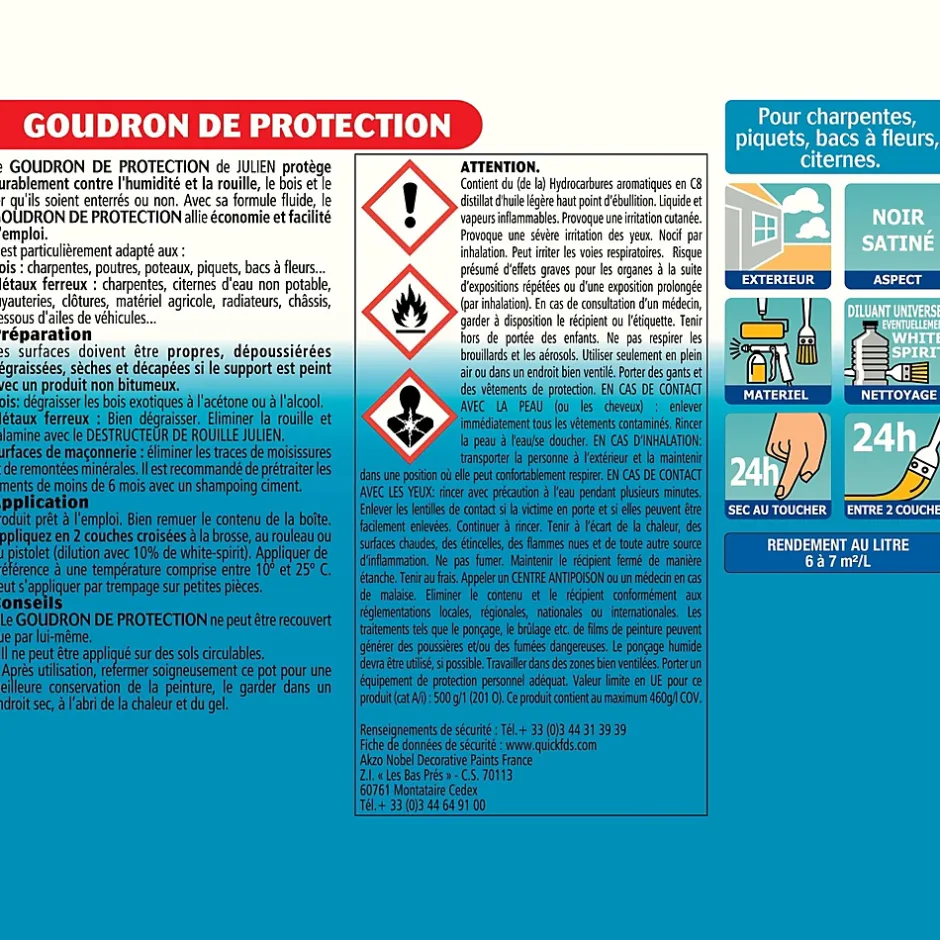 Goudron de protection extérieur pour bois et métaux ferreux noir satiné 2,5L-Julien Outlet