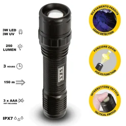 HORATIO : Torche 3W LED + UV. Fonction zoom. En aluminium.-Stak