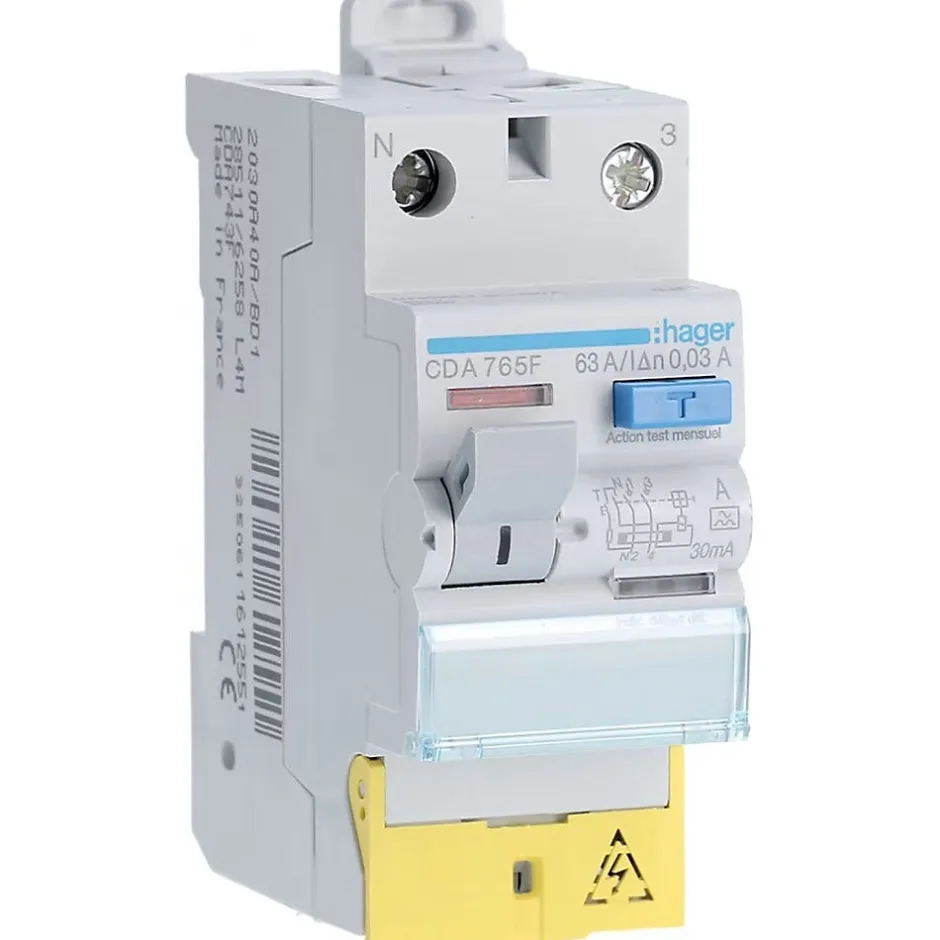 Interrupteur différentiel 2P (1P+N) 63A 30mA type A à bornes décalées-Hager Sale