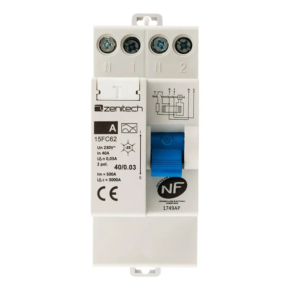 Interrupteur différentiel 40/2 30mA Type A NF --Zenitech Clearance
