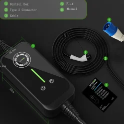 P1 chargeur portable réglable de 7,2kW à 1,5kW / 32A à 8A monophasé, 8m, type 2, pour véhicules électriques-Jatrhg