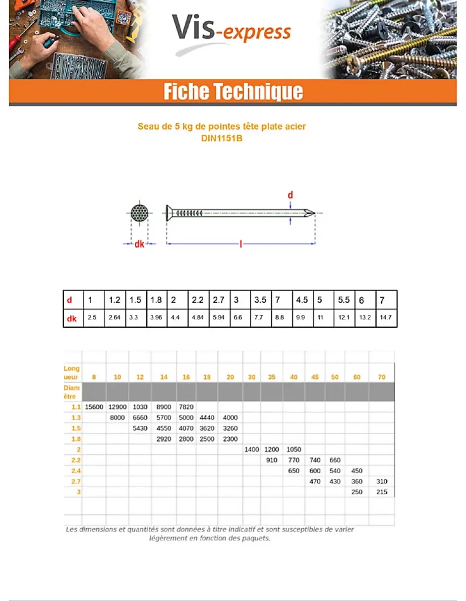Kg de pointes Acier brut Tête plate 3.5X70 - 5 pièces-Vis Express