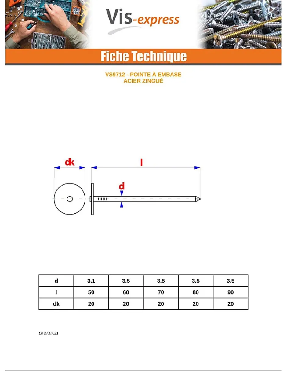 Kg de pointes Embase collerette ronde Diamètre de tête: 20 Acier zingué 3.1X50 - 5 pièces-Vis Express Discount