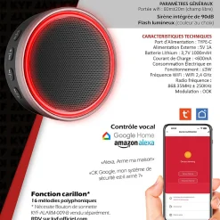 Kit Alarme Etendu Évolutif 868 Mhz connecté Wifi 2,4Ghz avec Sirène 90dB Flash LED intégré (9 zones détectées)-Kyf
