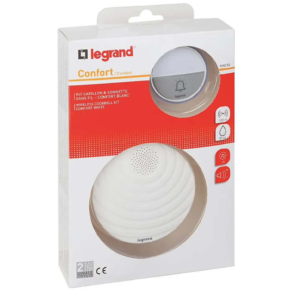 Kit Confort carillon et sonnette sans fil avec 15 mélodies alimentation par piles - blanc-Legrand Discount