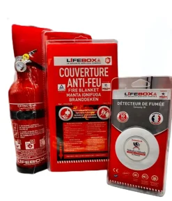 Kit de sécurité Lifebox (détecteur de fumée 10 ans, extincteur 1 kilo Poudre ABC, couverture anti feu 1mx1m)- Discount