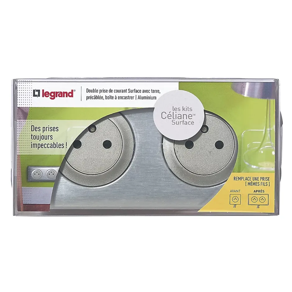 Kit double prises avec terre Pré-câblées Céliane aluminium-Legrand Outlet