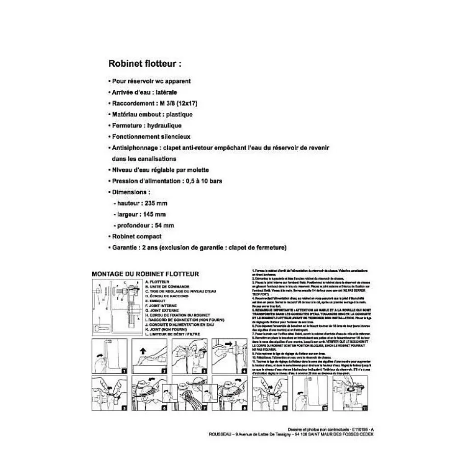 Kit mecanisme chasse deau avec robinet flotteur sachet^Rousseau Discount