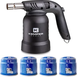 Lampe à souder à gaz Professionnelle Utilisation 360 degrés Chalumeau Gaz Allumage piezo 4 Cartouches gaz Perçables-Kemper Outlet