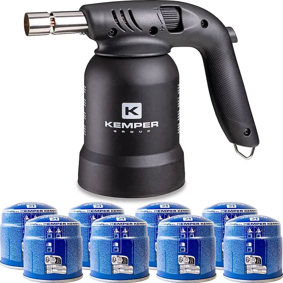 Lampe à souder à gaz Professionnelle Utilisation 360 degrés Chalumeau gaz Allumage piezo + 8 Cartouches gaz Perçables-Kemper Best