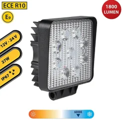 Lampe de travail carrée 12/24 V, 27 W et 1 800 lumens, IP67. Noir^Stak Online