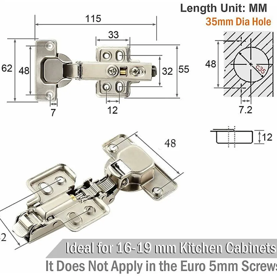 Lot de 8 charnières de porte d'armoire de cuisine en acier à 110 degrés, fermeture lente, clip de 35 mm^Deko Clearance