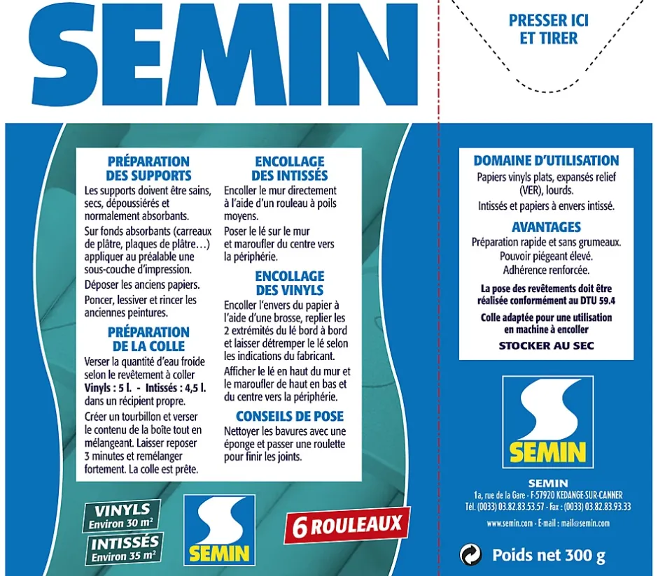 Lot de 2 Colle en Poudre pour Papiers Peints Vinyls et Intissés , Boite de 300 g-Semin New