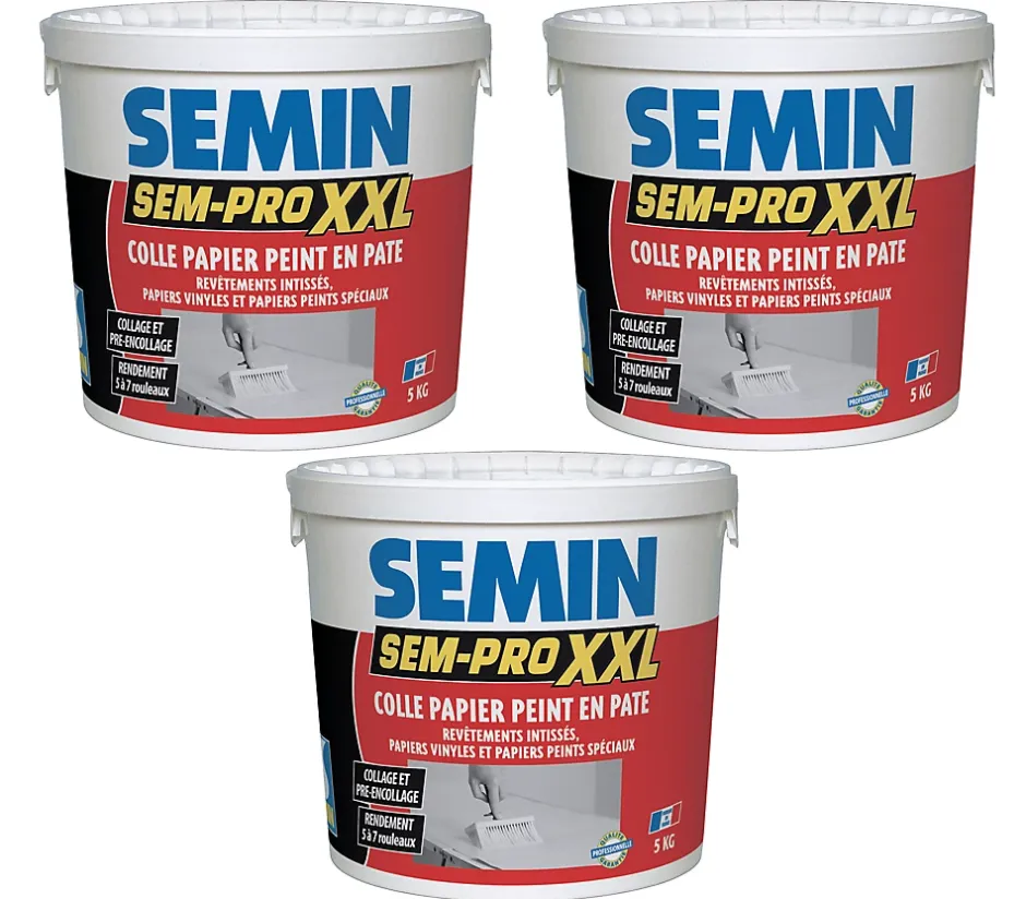 Lot de 3 colles Papiers Peints en Pâte Sem-Pro XXL, Prêt à l'Emploi, Seau de 5 kg-Semin Outlet
