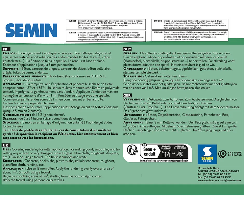 Lot de 5 Enduits Garnissant au Rouleau , Rénovation des Supports très Endommagés, Seau de 10 kg^Semin Best