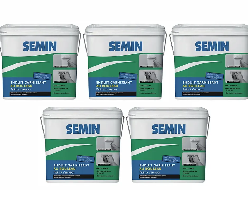 Lot de 5 Enduits Garnissant au Rouleau , Rénovation des Supports très Endommagés, Seau de 10 kg^Semin Best