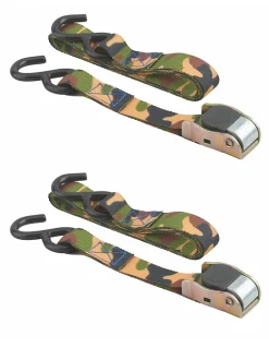 Lot de 2 sangles de serrage, 2m, à cliquet, crochet S, camouflage -^Thirard Clearance