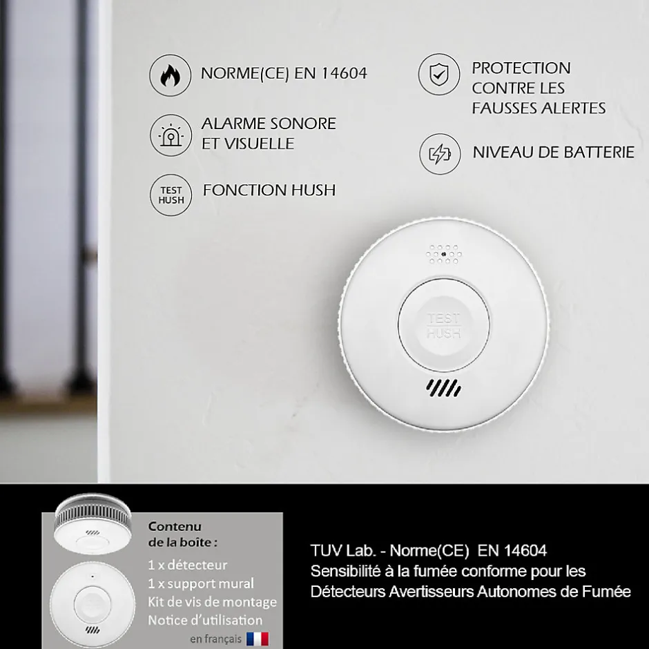 Lot de 2 x Détecteur de fumée CE EN14604 - Pile 3 ans remplaçable incluse + Kits de fixation magnétique-Kyf