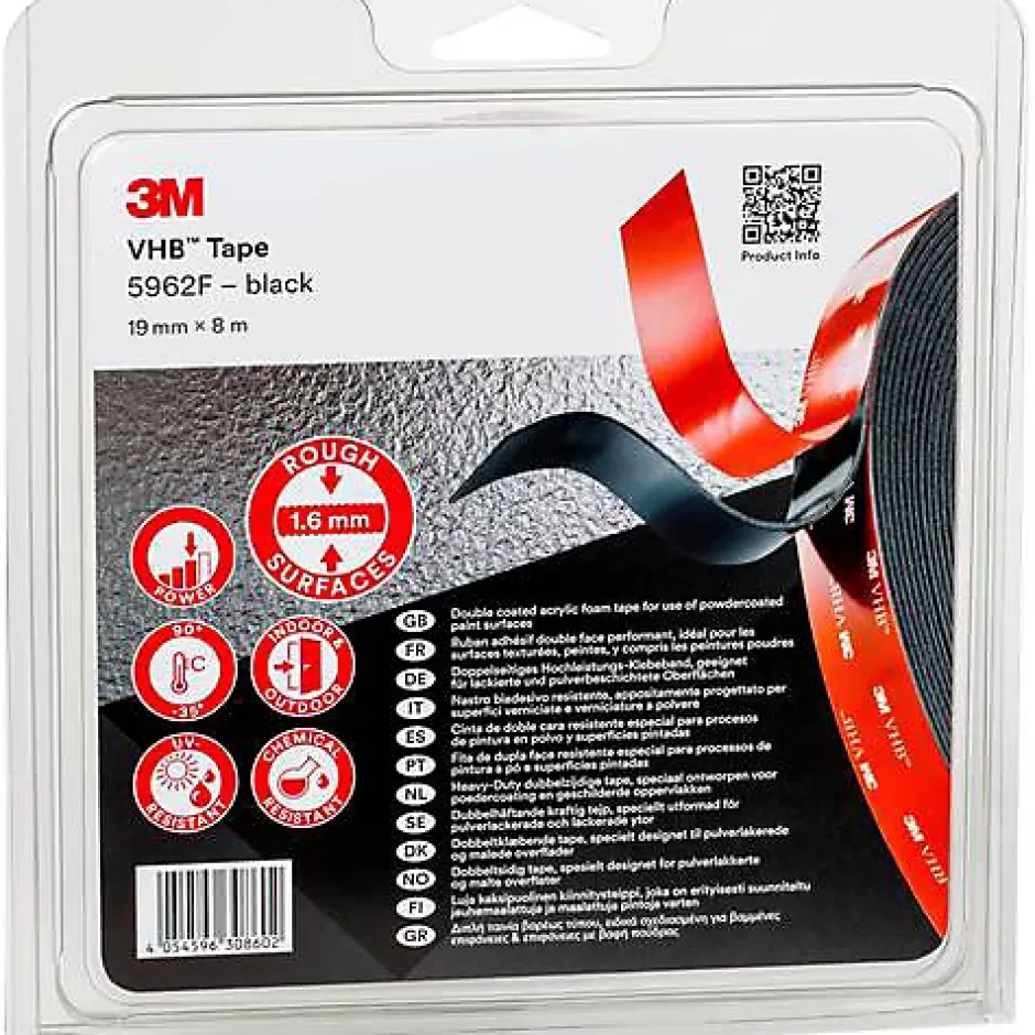 3M 5962F Ruban adhésif double-face VHB noir 8 m x 19 mm, ép. 1,6 mm, 1 pc-E45 Clearance