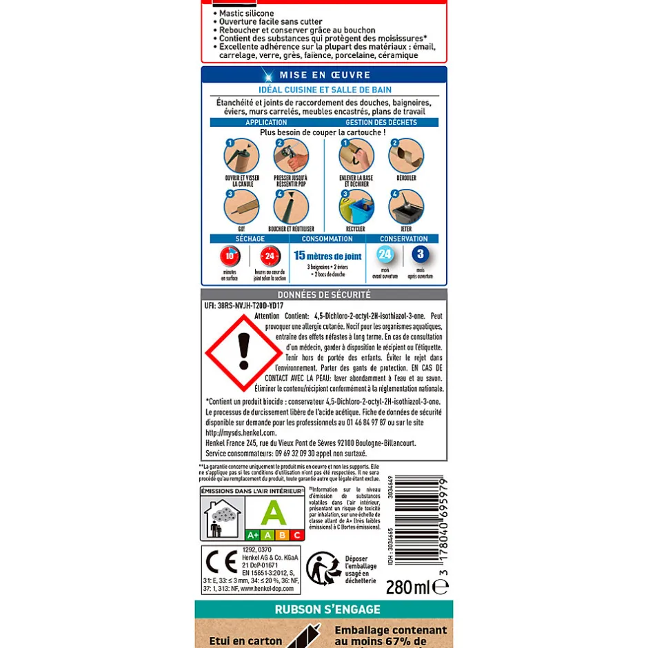 Mastic bain et cuisine noir 280ml-Rubson Outlet