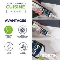 Mastic d’étanchéité spécial cuisine translucide Joint Parfait tous matériaux, cartouche de 280 ml-Bostik Hot