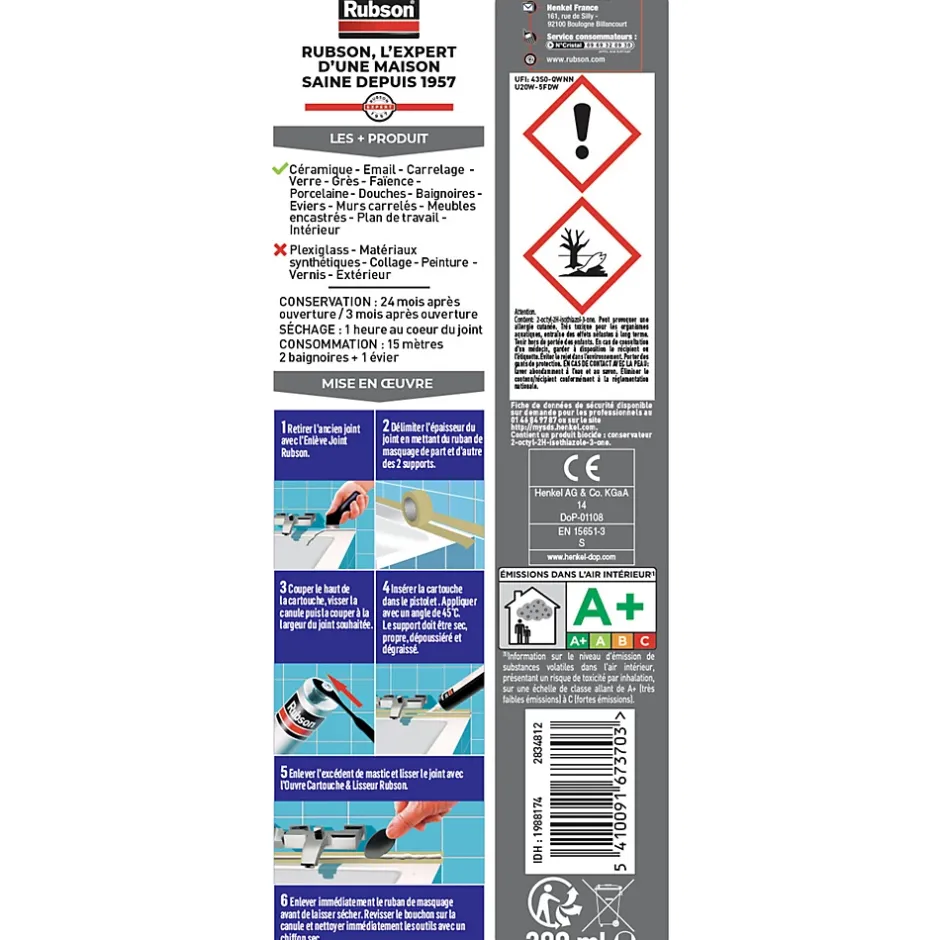 Mastic Bain&Cuisine Séchage Rapide blanc cartouche 280ml-Rubson Discount