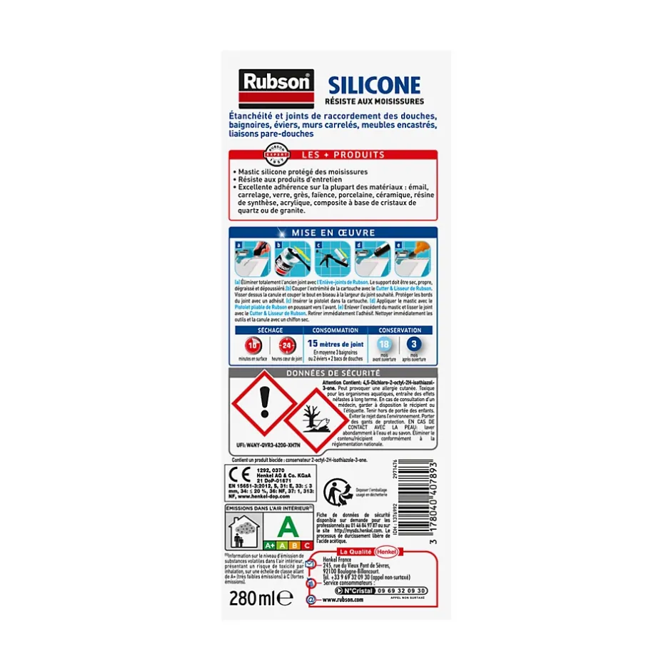 Mastic Sanitaire Salle de bains Saine Mastic blanc cartouche 280ml vendu par 2-Rubson Clearance
