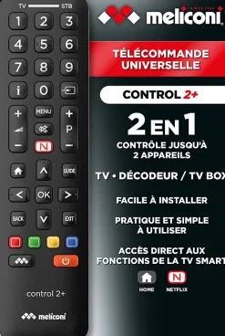 - Télécommande universelle CONTROL 2+ pour 1 TV et 1 décodeur TNT ou SAT - 100% fonctions d'origine - Accès direct Netfli^Meliconi Sale