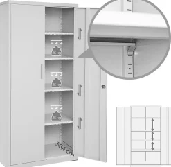 Meuble de Rangement Bureau, en Acier, Placard, avec 5 Étagères, Doubles Portes, Serrure, Armoire à Outils, Étagères Réglables-Nature Pro