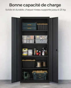 Meuble de Rangement Bureau, en Acier, Placard, avec 5 Étagères, Doubles Portes, Serrure, Armoire à Outils, Étagères Réglables-Nature Pro Sale