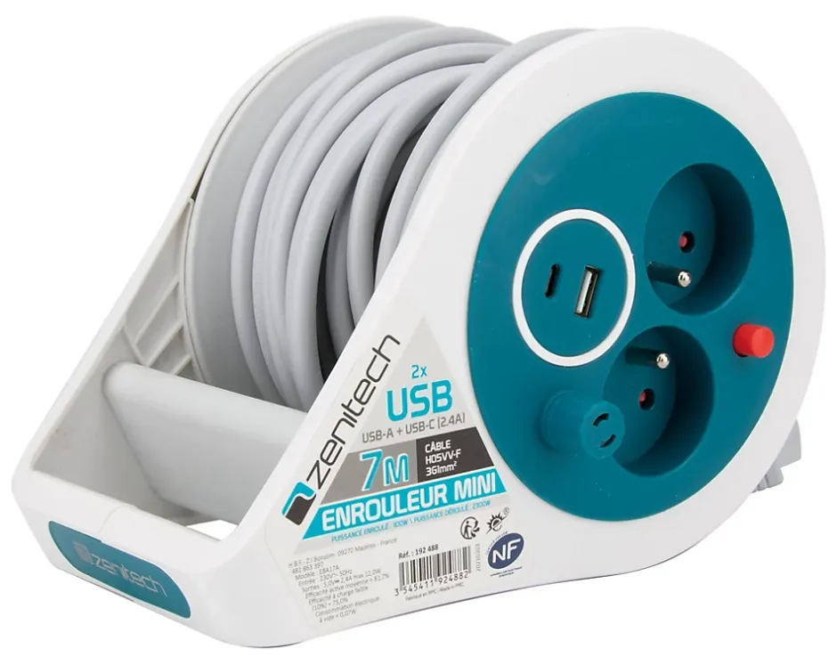 Mini enrouleur 2 prises P+T + 2 USB - 7m - Bleu -^Zenitech Outlet