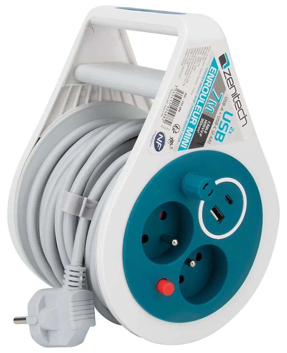Mini enrouleur 2 prises P+T + 2 USB - 7m - Bleu -^Zenitech Outlet