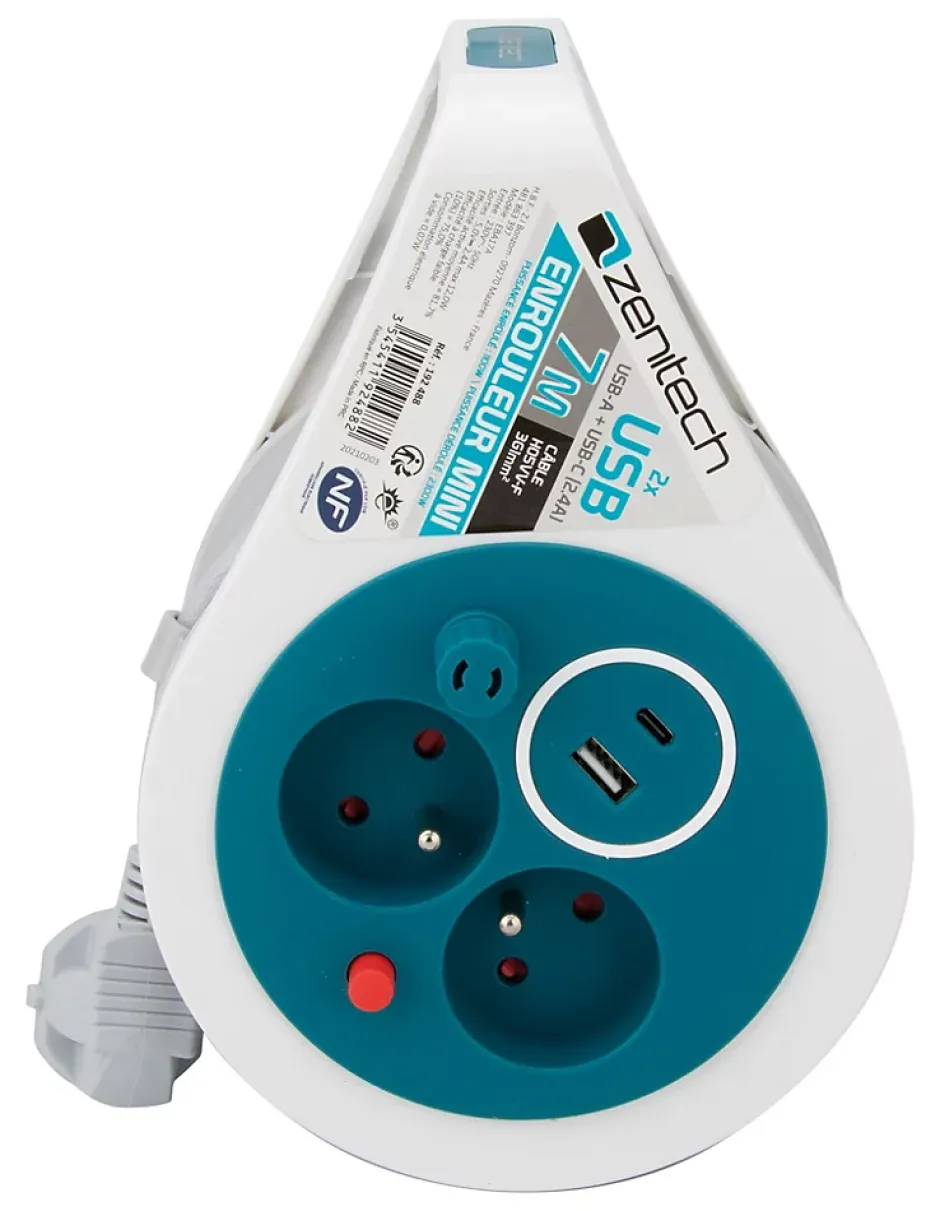 Mini enrouleur 2 prises P+T + 2 USB - 7m - Bleu -^Zenitech Outlet