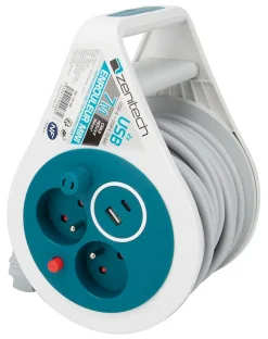 Mini enrouleur 2 prises P+T + 2 USB - 7m - Bleu -^Zenitech Outlet