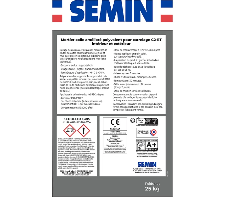 Mortier Colle Polyvalent pour Carrelage Kedoflex Gris , Intérieur/Extérieur, sac de 25 kg, lot de 2^Semin Sale