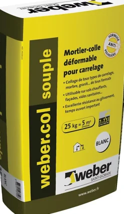 Mortier-colle déformable col souple - blanc - sac de 25 kg - Mortier colle souple - Blanc - 25 kg^Weber