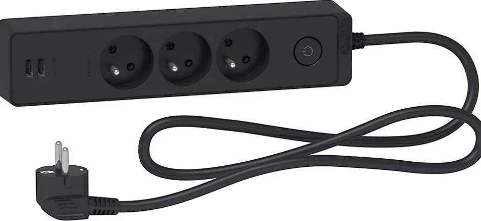 Multiprise 3 prises + 2 usb Odace anthracite 1.5 m-Schneider Electric Clearance