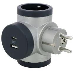 Multiprise 2 prises + 1 x USB-A + 1 x USB-C rotative aluminium et gris-Legrand Online