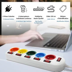 Multiprise 5 Prises Interrupteurs Câble 150 cm Stickers Couleurs-Fishtec Clearance