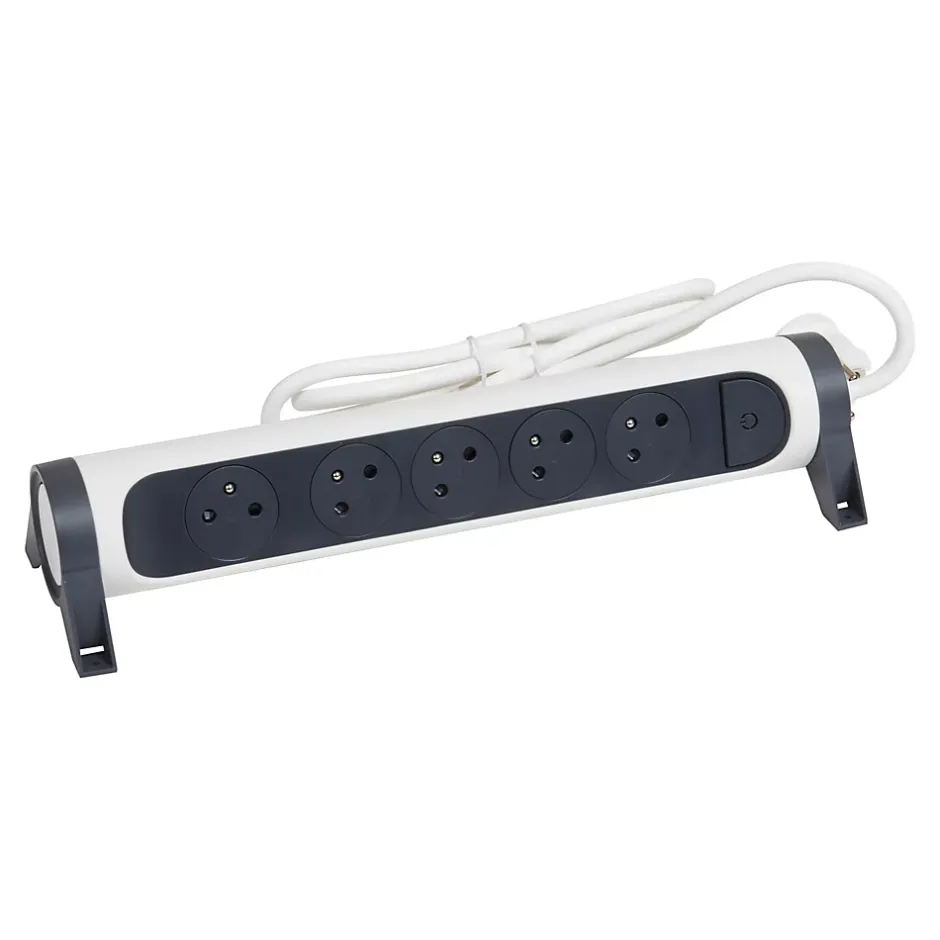 Multiprise avec interrupteur 5 prises rotative à fixer blanc et gris 3 m^Legrand Discount