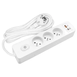 Multiprise G3FH12B, 3 prises type E + interrupteur, USB A+C charge rapide 20W, Blanc, câble 1.5m-Seldur Discount