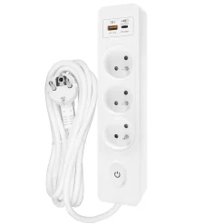 Multiprise G3FH12B, 3 prises type E + interrupteur, USB A+C charge rapide 20W, Blanc, câble 1.5m-Seldur Discount